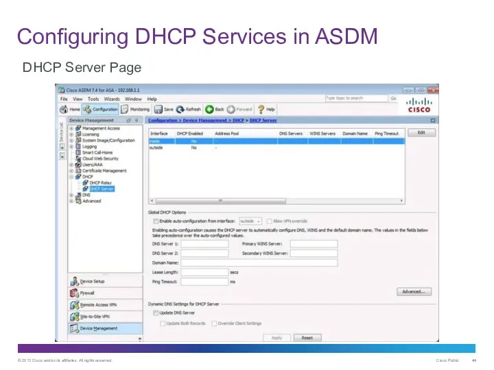 Configuring DHCP Services in ASDM DHCP Server Page