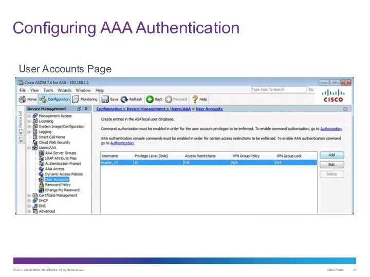 Configuring AAA Authentication User Accounts Page