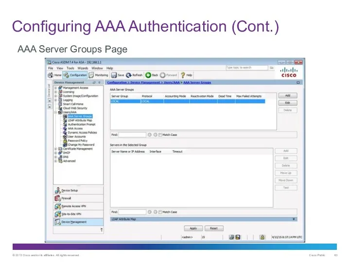 Configuring AAA Authentication (Cont.) AAA Server Groups Page