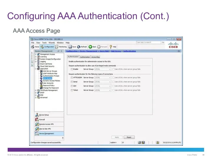 Configuring AAA Authentication (Cont.) AAA Access Page