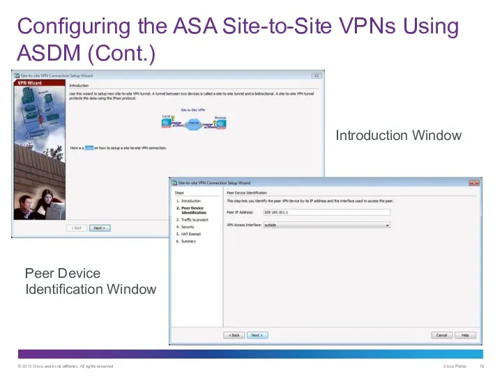 Configuring the ASA Site-to-Site VPNs Using ASDM (Cont.) Introduction Window Peer Device Identification Window