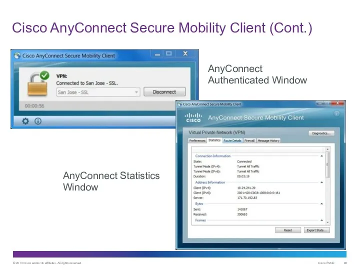 Cisco AnyConnect Secure Mobility Client (Cont.) AnyConnect Statistics Window AnyConnect Authenticated Window