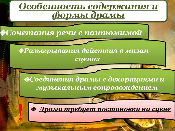 Драма требует постановки на сцене Особенность содержания и формы драмы