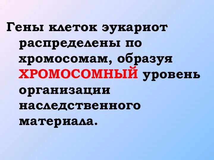 Гены клеток эукариот распределены по хромосомам, образуя ХРОМОСОМНЫЙ уровень организации наследственного материала.