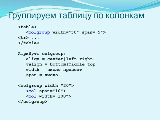 Группируем таблицу по колонкам ... Атрибуты colgroup: align = center|left|right