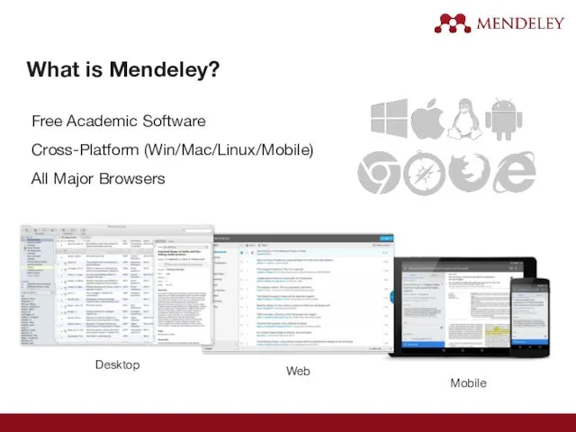 Desktop Web Mobile Free Academic Software Cross-Platform (Win/Mac/Linux/Mobile) All Major Browsers What is Mendeley?