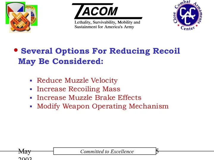 May 2003 Several Options For Reducing Recoil May Be Considered: Reduce Muzzle Velocity