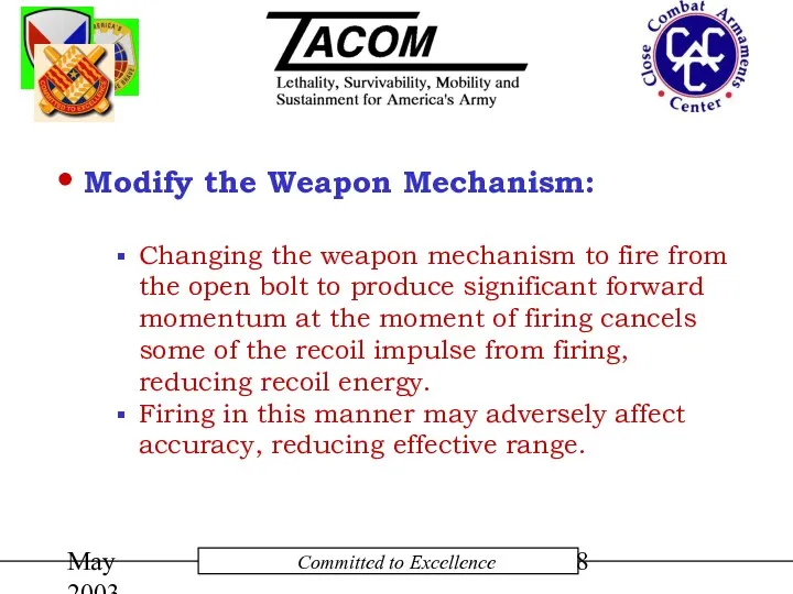 May 2003 Modify the Weapon Mechanism: Changing the weapon mechanism to fire from