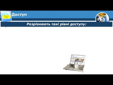 Доступ Розділ 2 § 8 Розрізняють такі рівні доступу: Обмежений Частково обмежений Повний