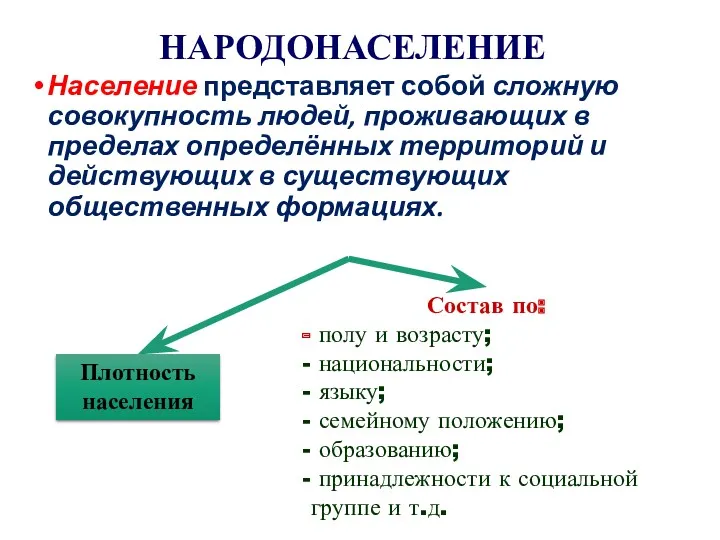 НАРОДОНАСЕЛЕНИЕ Население представляет собой сложную совокупность людей, проживающих в пределах