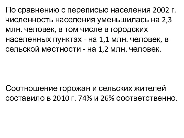 По сравнению с переписью населения 2002 г. численность населения уменьшилась