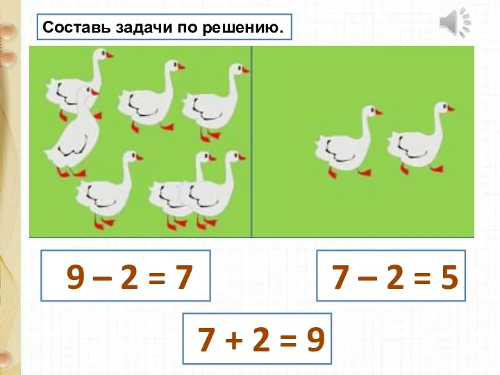 Составь задачи по решению. 9 – 2 = 7 7