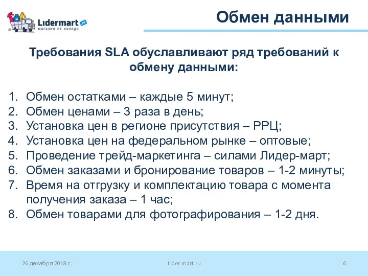 26 декабря 2018 г. Lider-mart.ru Обмен данными Требования SLA обуславливают