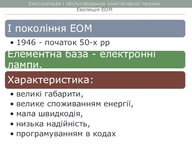 Експлуатація і обслуговування комп'ютерної техніки Еволюція ЕОМ ..