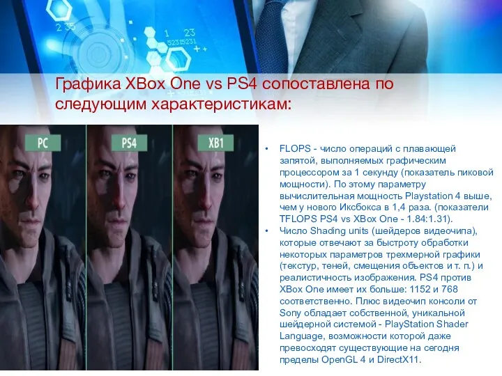 Графика XBox One vs PS4 сопоставлена по следующим характеристикам: FLOPS