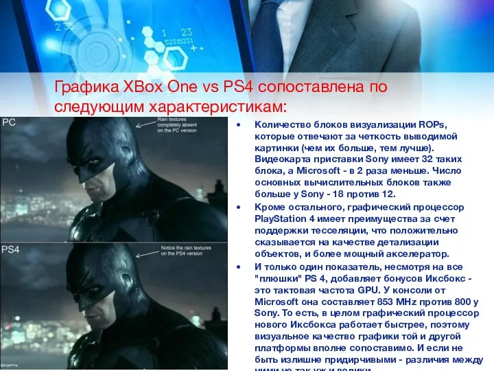 Графика XBox One vs PS4 сопоставлена по следующим характеристикам: Количество