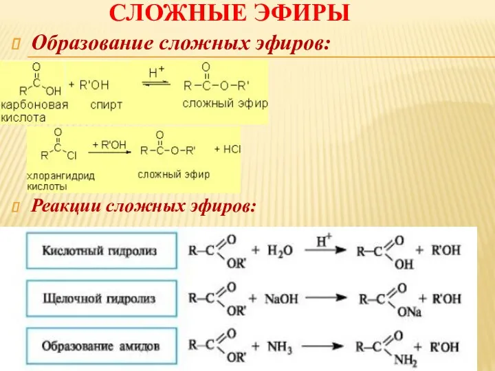 СЛОЖНЫЕ ЭФИРЫ Образование сложных эфиров: Реакции сложных эфиров: