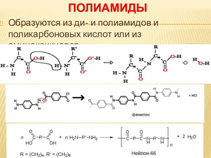 ПОЛИАМИДЫ Образуются из ди- и полиамидов и поликарбоновых кислот или из аминоксикислот