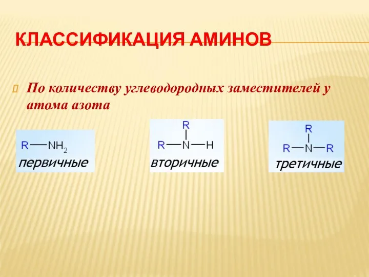 КЛАССИФИКАЦИЯ АМИНОВ По количеству углеводородных заместителей у атома азота