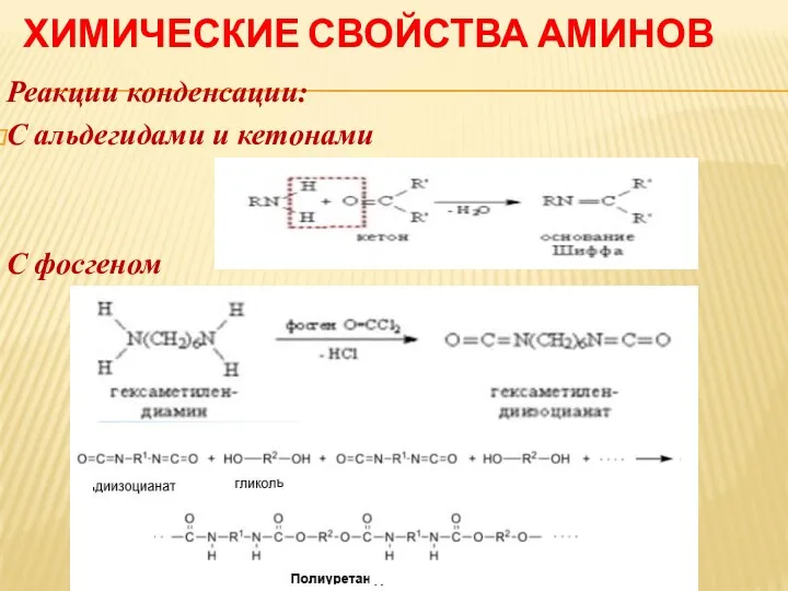 ХИМИЧЕСКИЕ СВОЙСТВА АМИНОВ Реакции конденсации: С альдегидами и кетонами С фосгеном