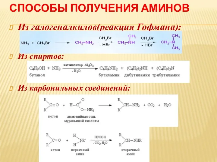 СПОСОБЫ ПОЛУЧЕНИЯ АМИНОВ Из галогеналкилов(реакция Гофмана): Из спиртов: Из карбонильных соединений: