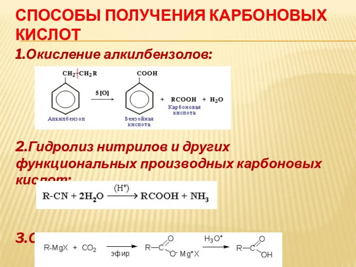 СПОСОБЫ ПОЛУЧЕНИЯ КАРБОНОВЫХ КИСЛОТ 1.Окисление алкилбензолов: 2.Гидролиз нитрилов и других функциональных производных карбоновых кислот: 3.Синтез Гриньяра: