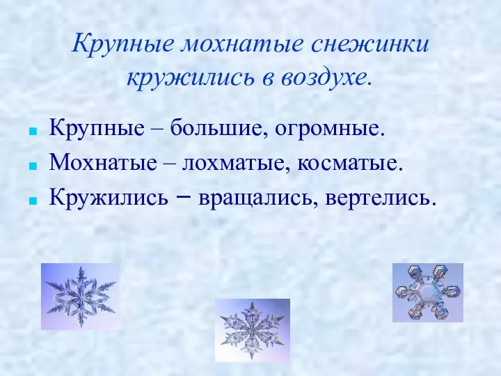 Крупные мохнатые снежинки кружились в воздухе. Крупные – большие, огромные.