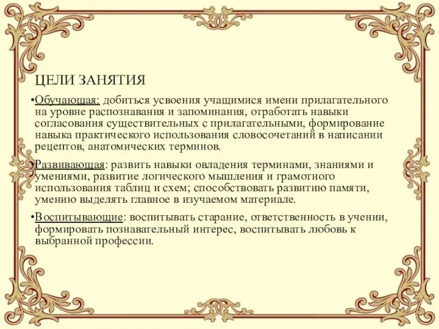 ЦЕЛИ ЗАНЯТИЯ Обучающая: добиться усвоения учащимися имени прилагательного на уровне распознавания и запоминания,