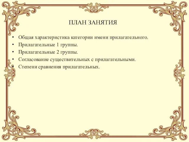 ПЛАН ЗАНЯТИЯ Общая характеристика категории имени прилагательного. Прилагательные 1 группы.