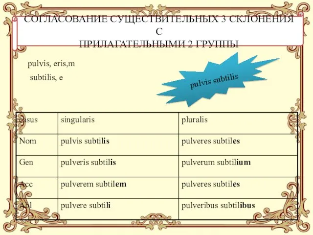 СОГЛАСОВАНИЕ СУЩЕСТВИТЕЛЬНЫХ 3 СКЛОНЕНИЯ С ПРИЛАГАТЕЛЬНЫМИ 2 ГРУППЫ pulvis subtilis pulvis, eris,m subtilis, e