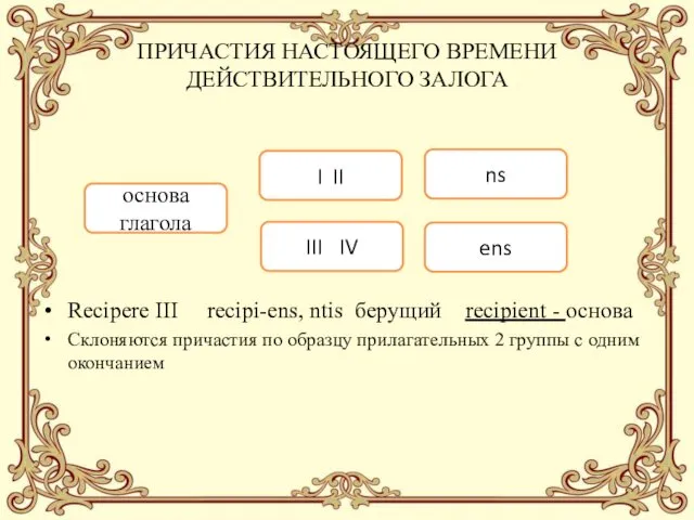 ПРИЧАСТИЯ НАСТОЯЩЕГО ВРЕМЕНИ ДЕЙСТВИТЕЛЬНОГО ЗАЛОГА Recipere III recipi-ens, ntis берущий