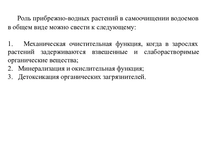 Роль прибрежно-водных растений в самоочищении водоемов в общем виде можно