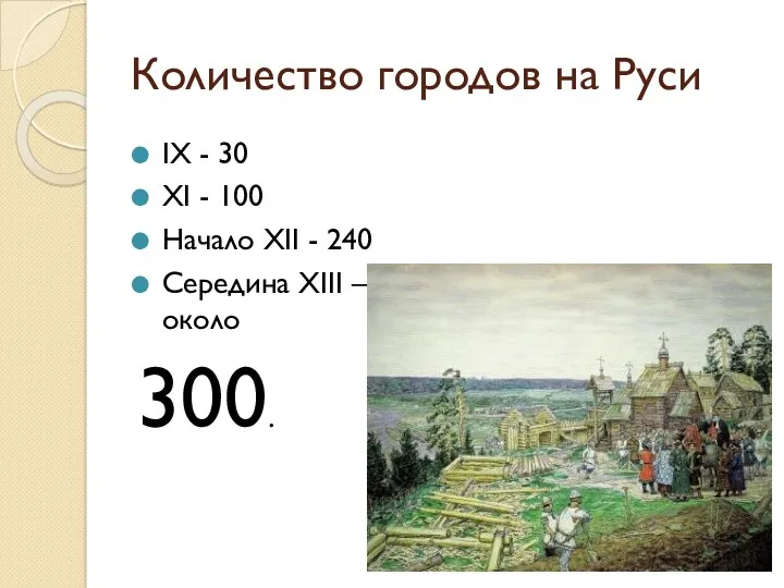 Количество городов на Руси IX - 30 XI - 100