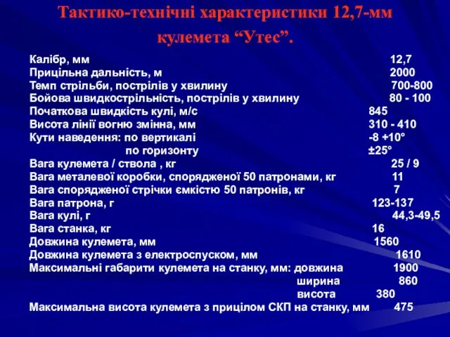 Тактико-технічні характеристики 12,7-мм кулемета “Утес”. Калібр, мм 12,7 Прицільна дальність,