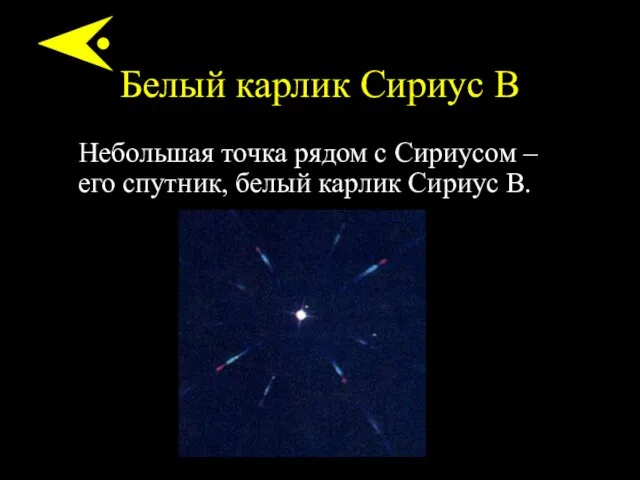 Белый карлик Сириус B Небольшая точка рядом с Сириусом – его спутник, белый карлик Сириус B.