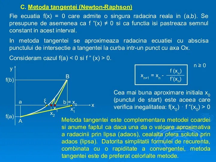 C. Metoda tangentei (Newton-Raphson) Fie ecuatia f(x) = 0 care admite o singura