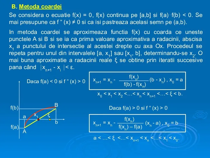 B. Metoda coardei Se considera o ecuatie f(x) = 0, f(x) continua pe