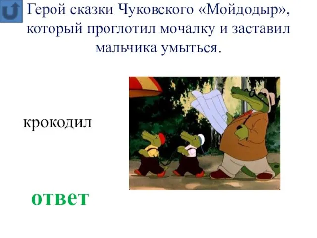 Герой сказки Чуковского «Мойдодыр», который проглотил мочалку и заставил мальчика умыться. ответ крокодил