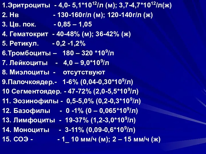 1.Эритроциты - 4,0- 5,1*1012/л (м); 3,7-4,7*1012/л(ж) 2. Нв - 130-160г/л