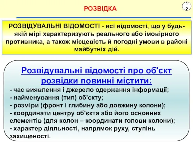 12 РОЗВІДКА РОЗВІДУВАЛЬНІ ВІДОМОСТІ - всі відомості, що у будь-якій