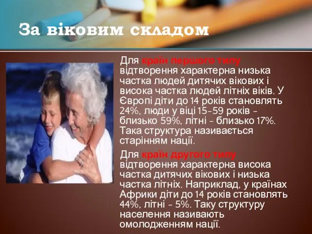 За віковим складом Для країн першого типу відтворення характерна низька