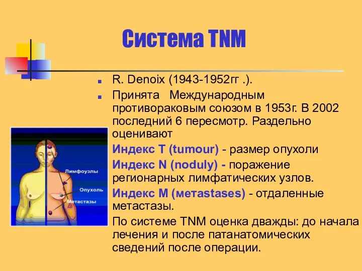 Система TNM R. Denoix (1943-1952гг .). Принята Международным противораковым союзом