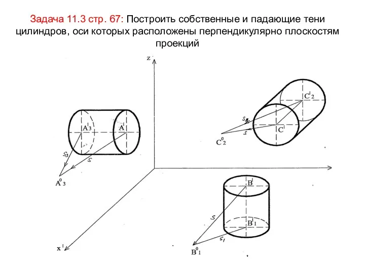 Задача 11.3 стр. 67: Построить собственные и падающие тени цилиндров, оси которых расположены перпендикулярно плоскостям проекций