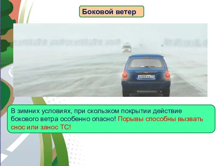 АВТОМАГИСТРАЛЬ Боковой ветер В зимних условиях, при скользком покрытии действие