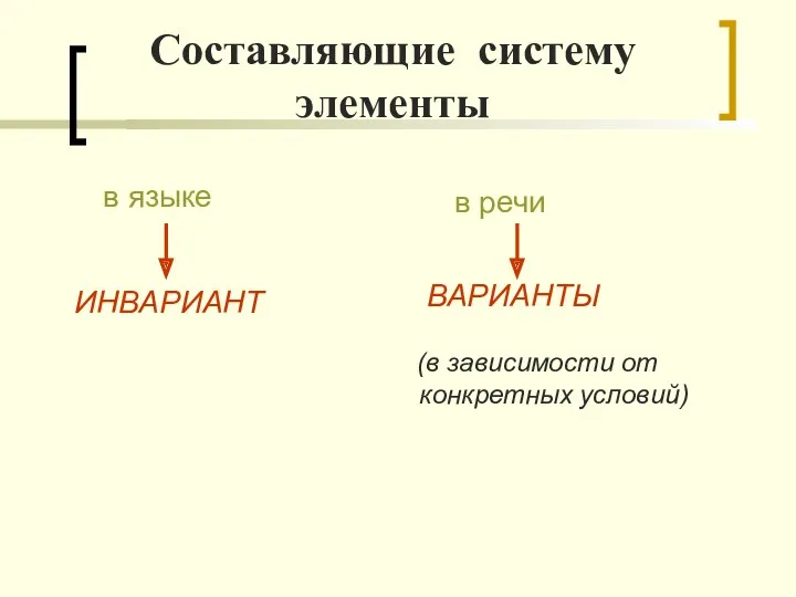 Составляющие систему элементы в языке в речи ИНВАРИАНТ ВАРИАНТЫ (в зависимости от конкретных условий)