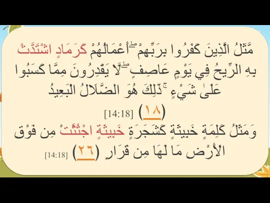 مَّثَلُ الَّذِينَ كَفَرُوا بِرَبِّهِمْ ۖ أَعْمَالُهُمْ كَرَمَادٍ اشْتَدَّتْ بِهِ الرِّيحُ