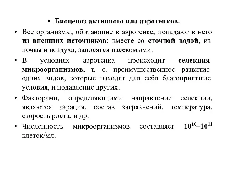 Биоценоз активного ила аэротенков. Все организмы, обитающие в аэротенке, попадают