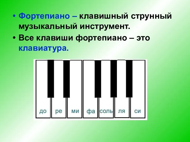 Фортепиано – клавишный струнный музыкальный инструмент. Все клавиши фортепиано – это клавиатура.