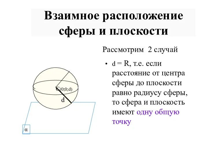 d = R, т.е. если расстояние от центра сферы до