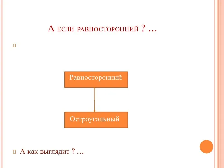 А если равносторонний ? … Равносторонний Остроугольный А как выглядит ? …